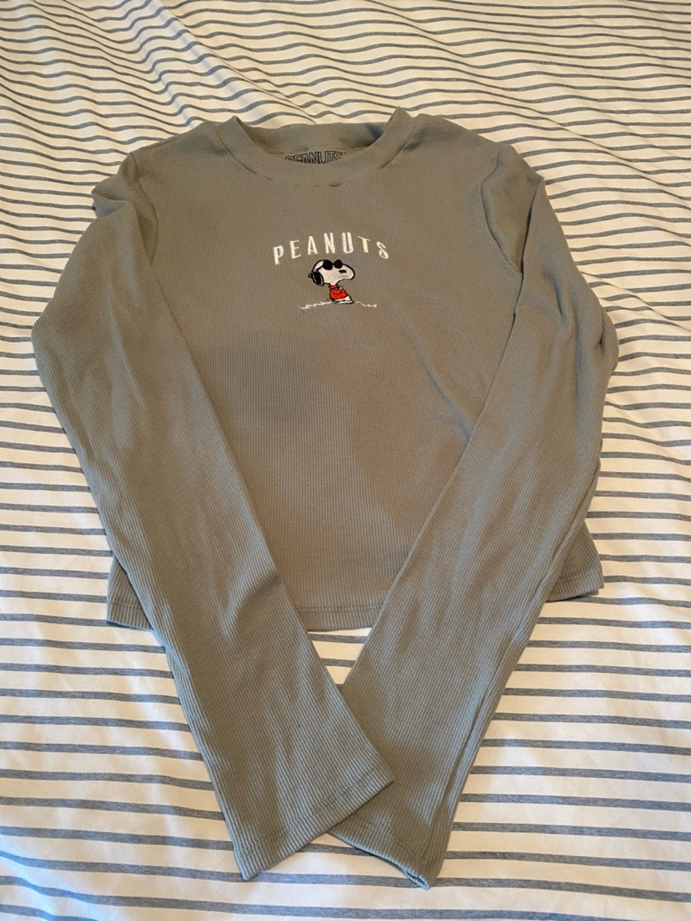 Peanuts Sage Green Ribbed Long-Sleeve Top with Snoopy Embroidery